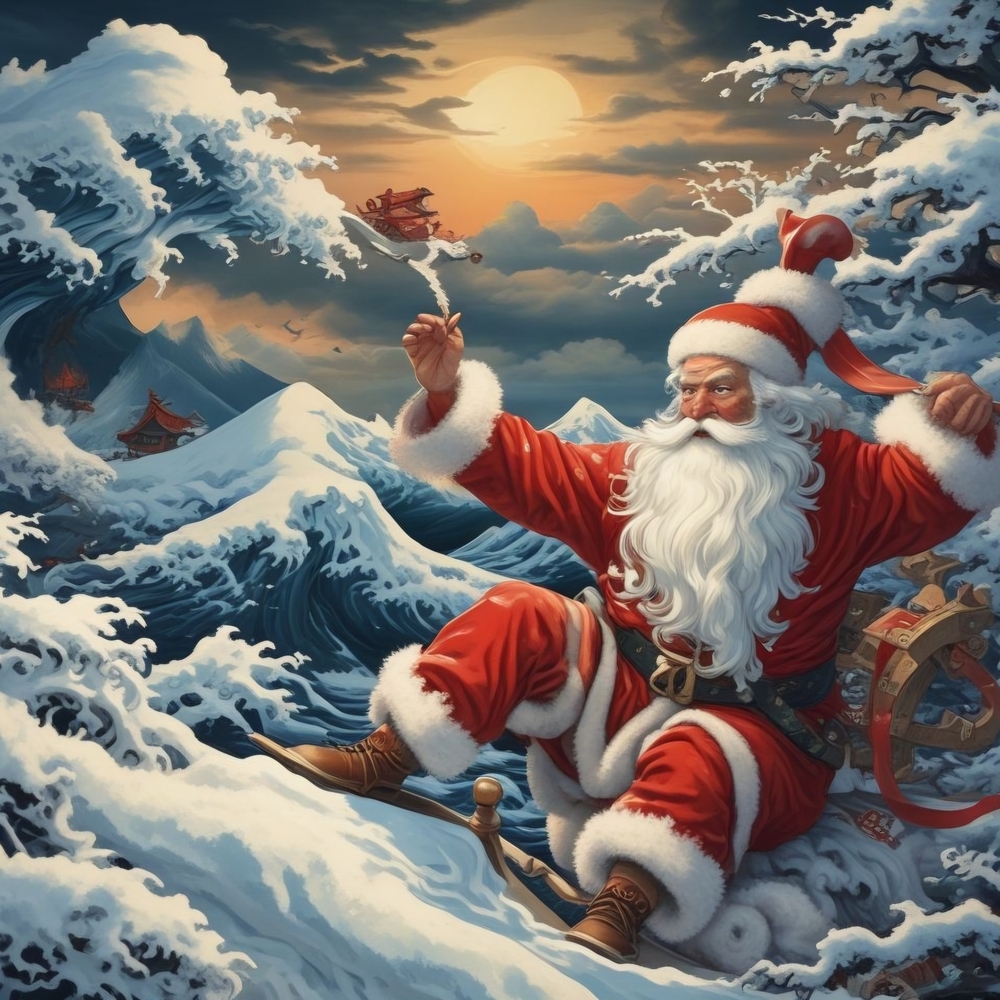 Santa Claus Riding the Waves Art Print 8x10